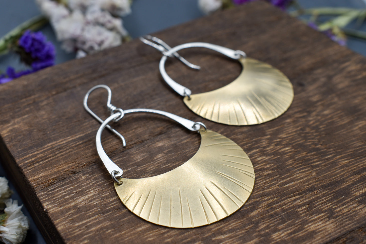 Dashed Crescent Moon Earrings - Brass