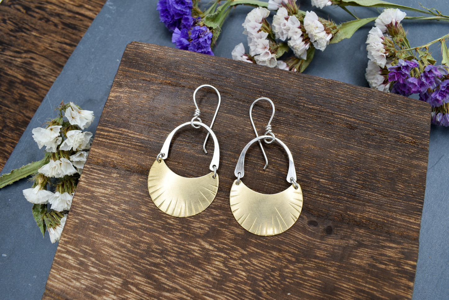 Dashed Crescent Moon Earrings - Brass