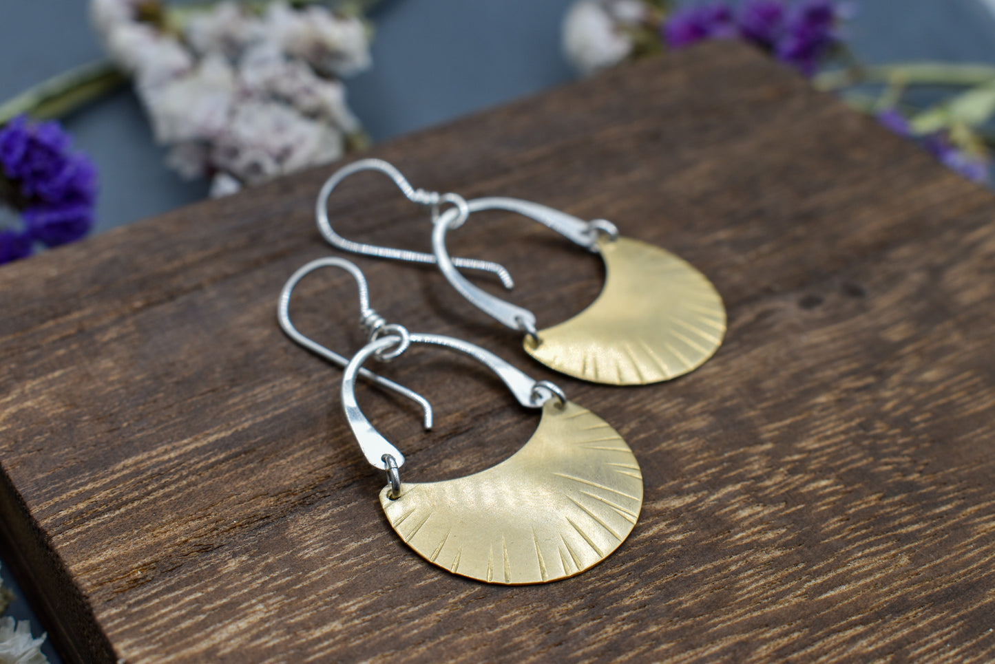 Dashed Crescent Moon Earrings - Brass
