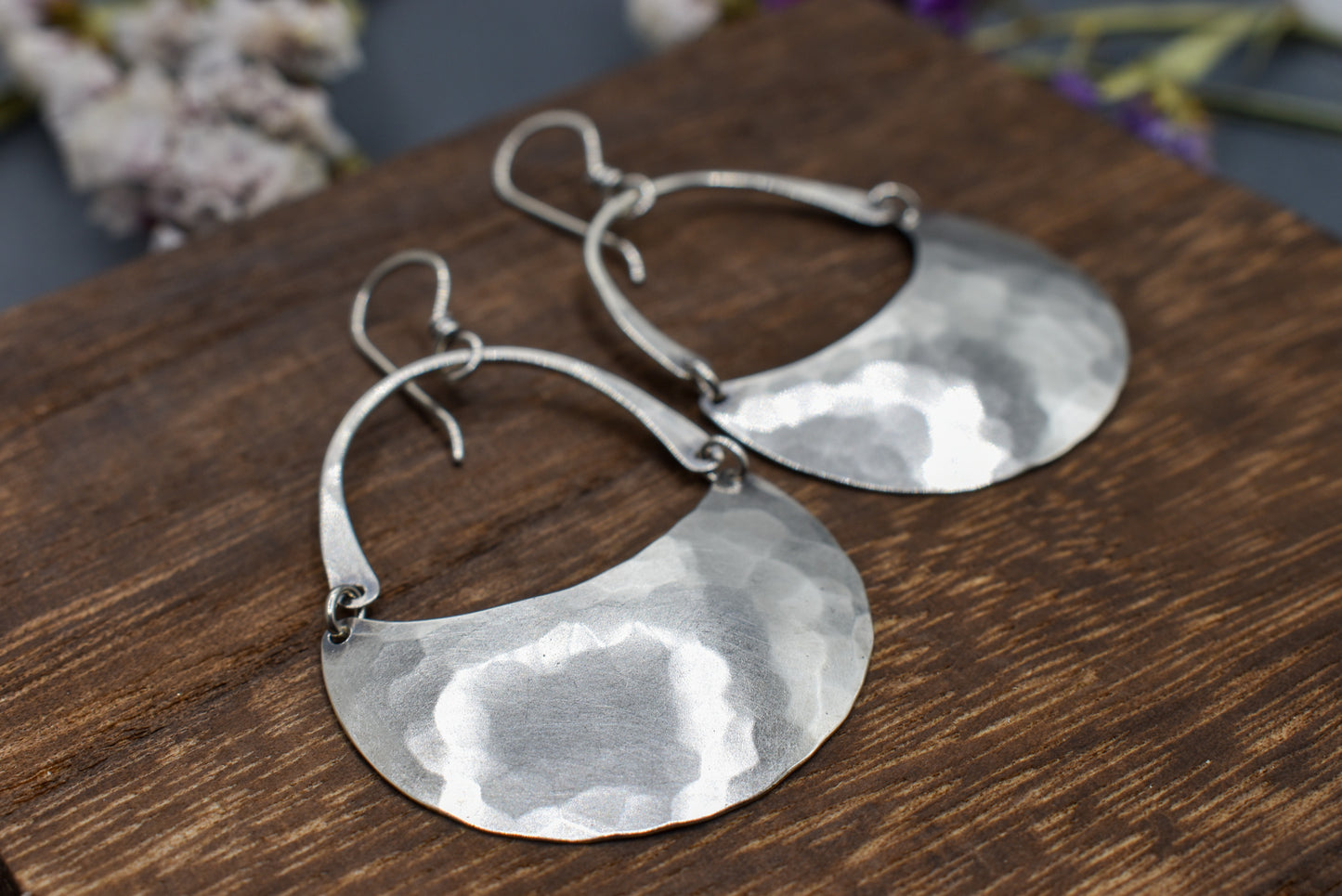 Hammered Crescent Moon Earrings, Silver