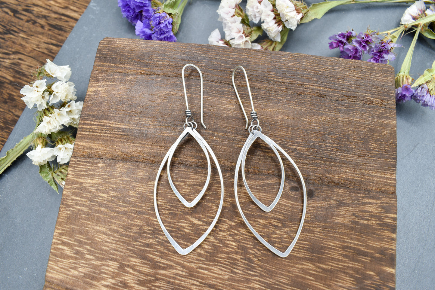 Layered Petal Hoop Earrings - Silver