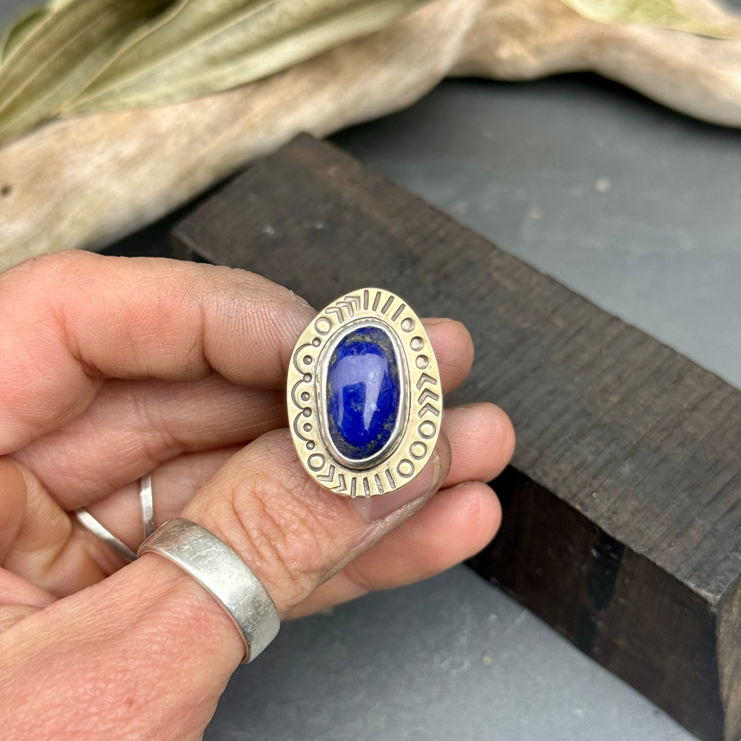 Stamped Lapis Ring - size 8.75