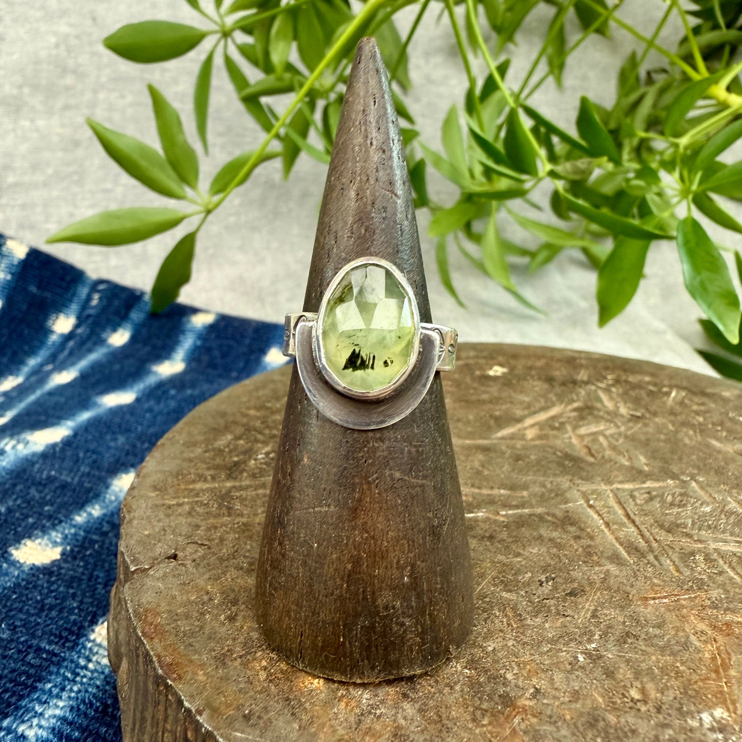 Faceted Rutilated Prehnite Ring - Size 7