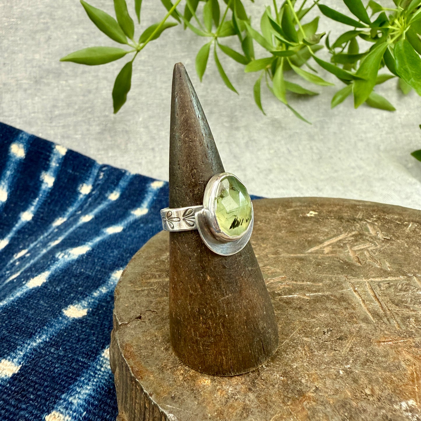 Faceted Rutilated Prehnite Ring - Size 7