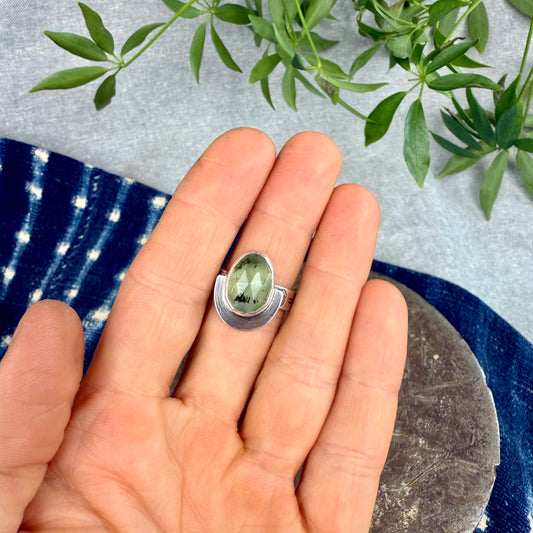 Faceted Rutilated Prehnite Ring - Size 7