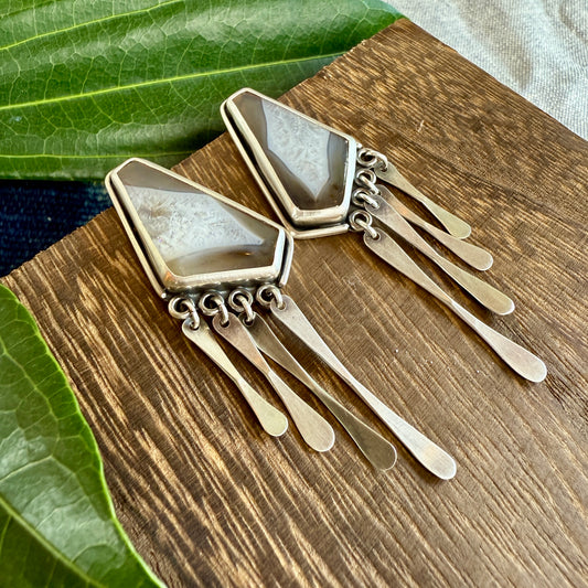 Agate "Window" Earrings with Fringe - One