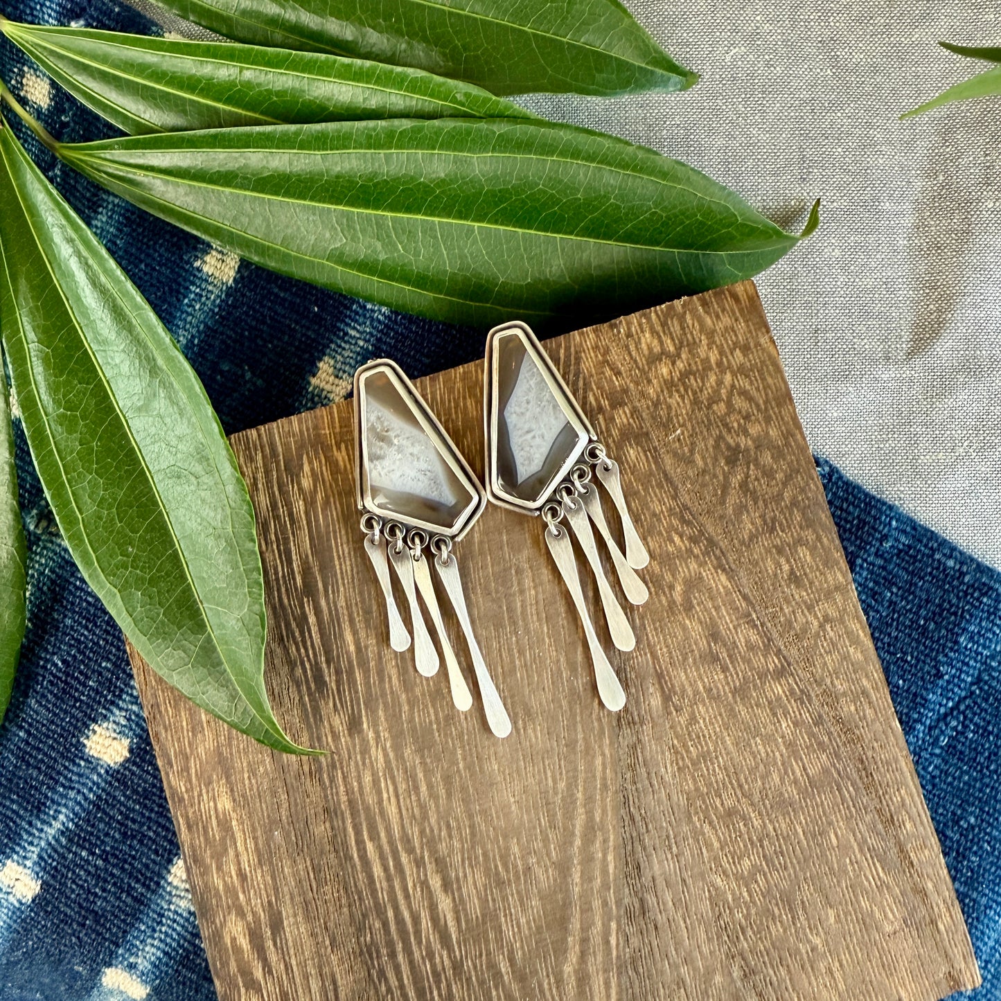 Agate "Window" Earrings with Fringe - One