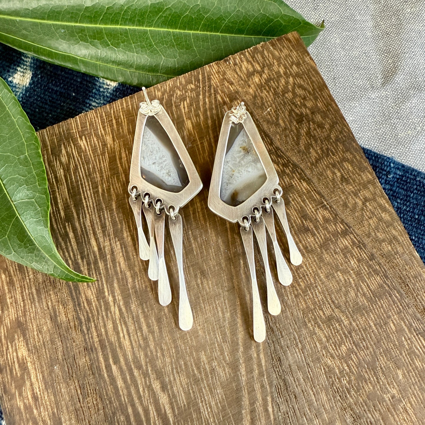 Agate "Window" Earrings with Fringe - One