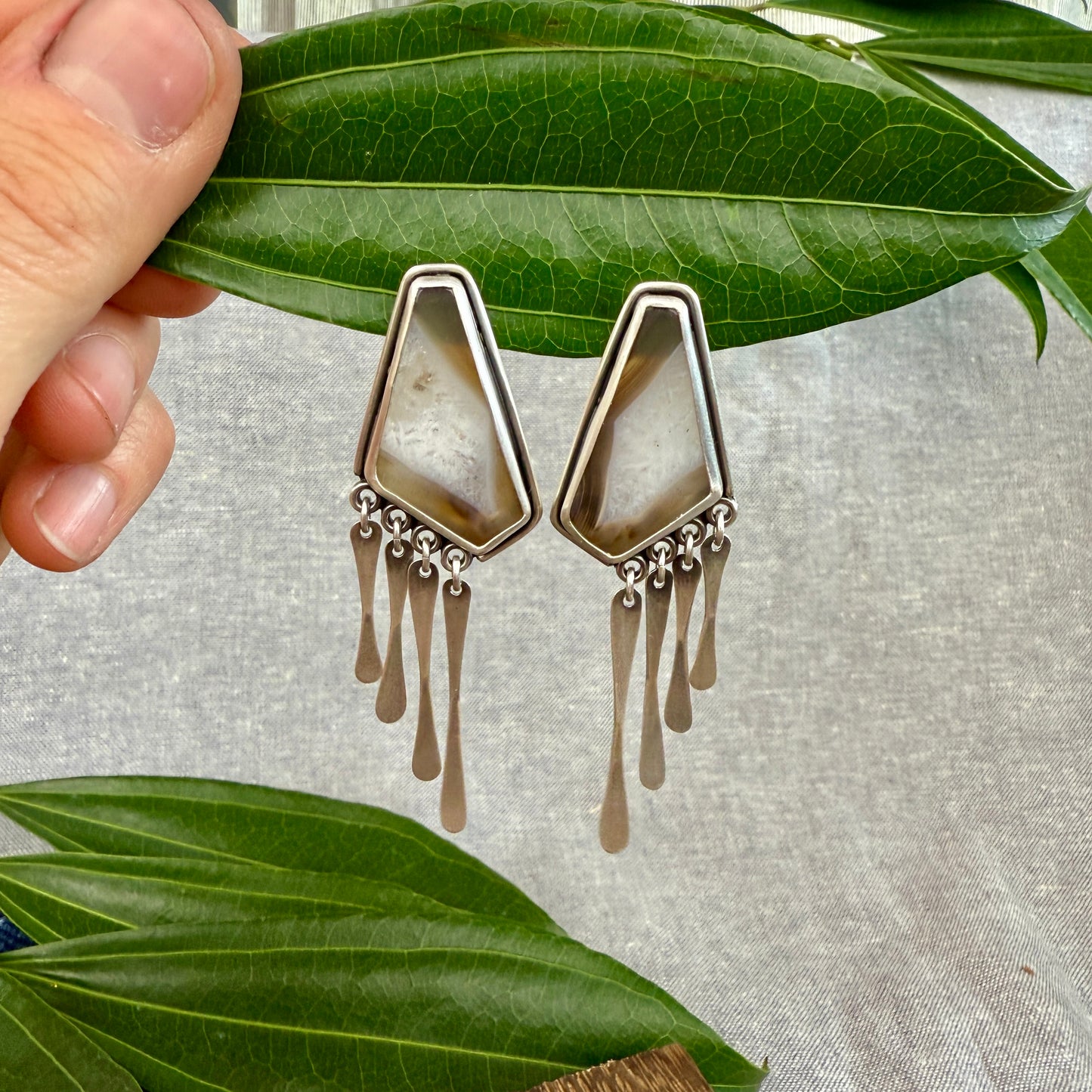 Agate "Window" Earrings with Fringe - One