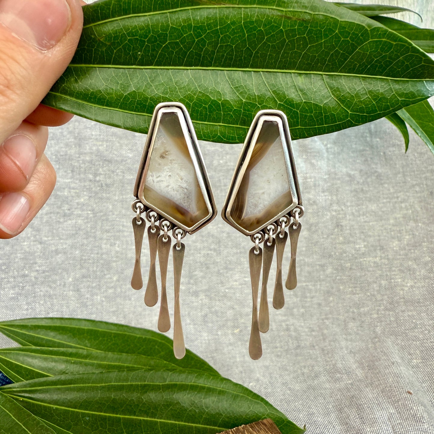 Agate "Window" Earrings with Fringe - One