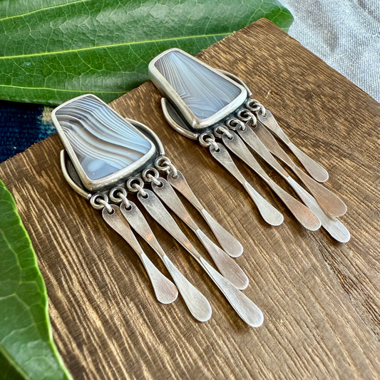 Agate "Window" Earrings with Fringe - Five