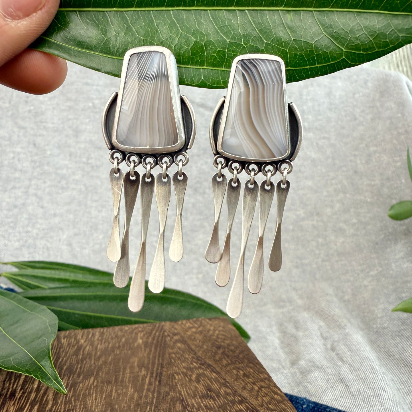 Agate "Window" Earrings with Fringe - Five