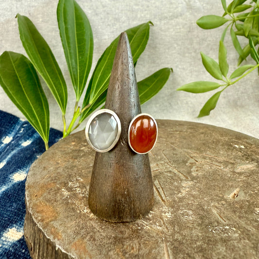Gray Moonstone and Carnelian Double Stone Ring - Size 8