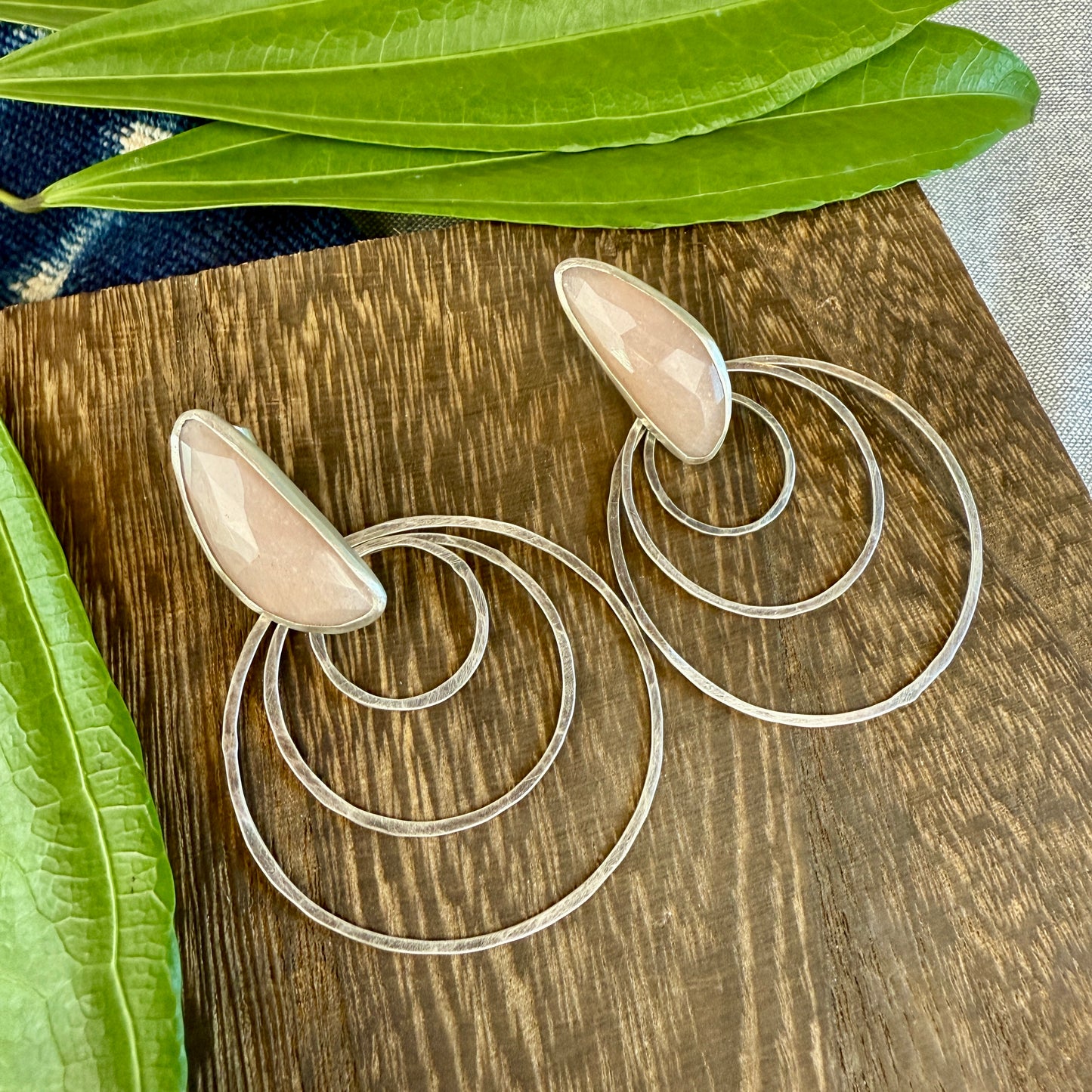Faceted Peach Moonstone Triple Hoops