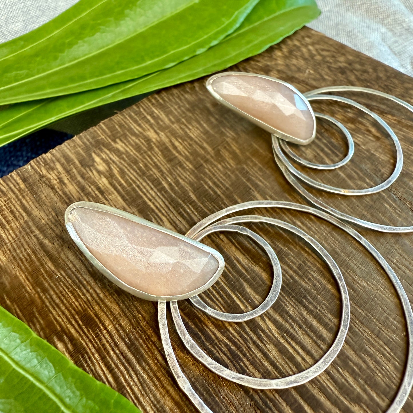 Faceted Peach Moonstone Triple Hoops