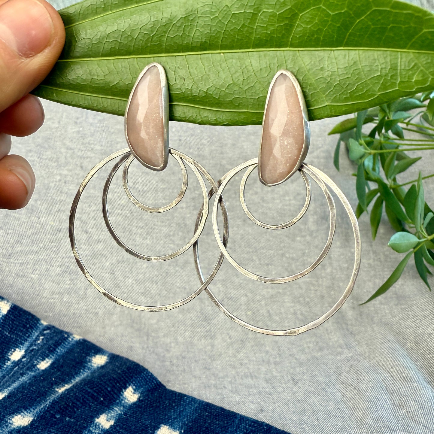 Faceted Peach Moonstone Triple Hoops