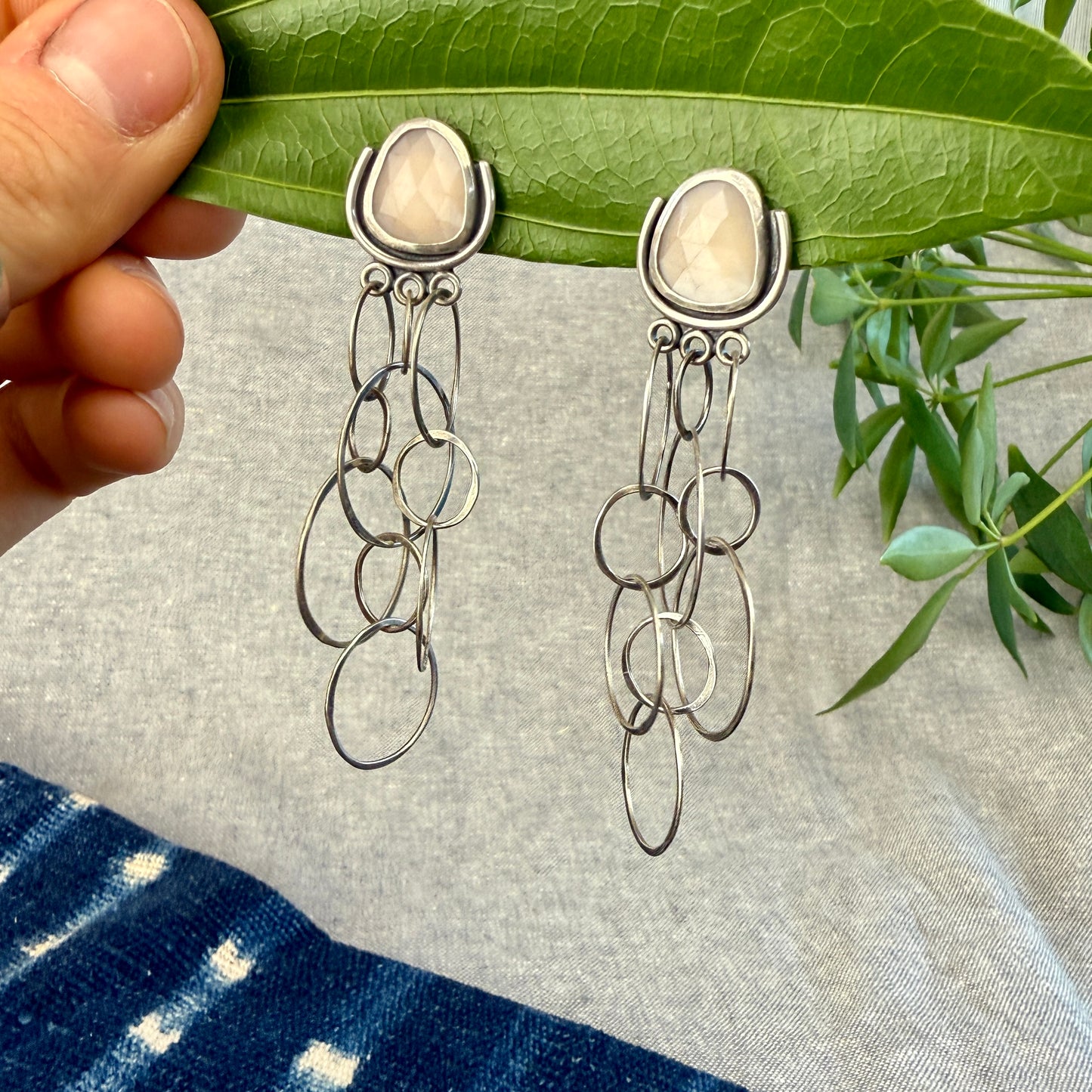 Rose Cut Peach Moonstone Earrings with Layered Chain