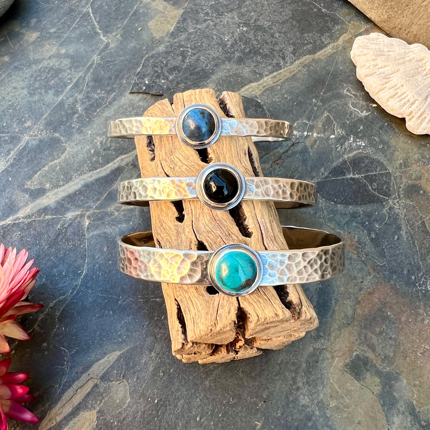 Hammered Silver Cuff with Stone