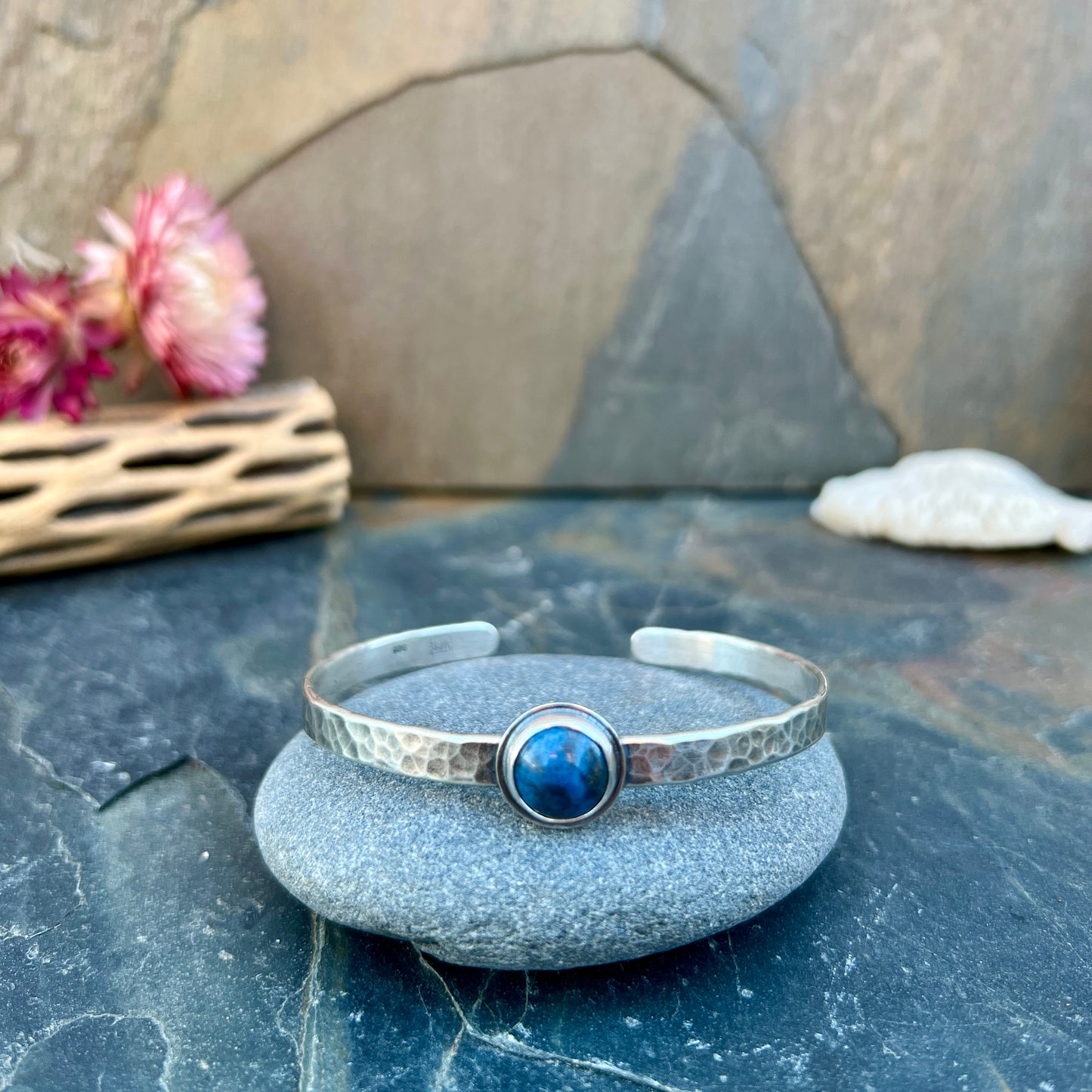 Hammered Silver Cuff with Stone