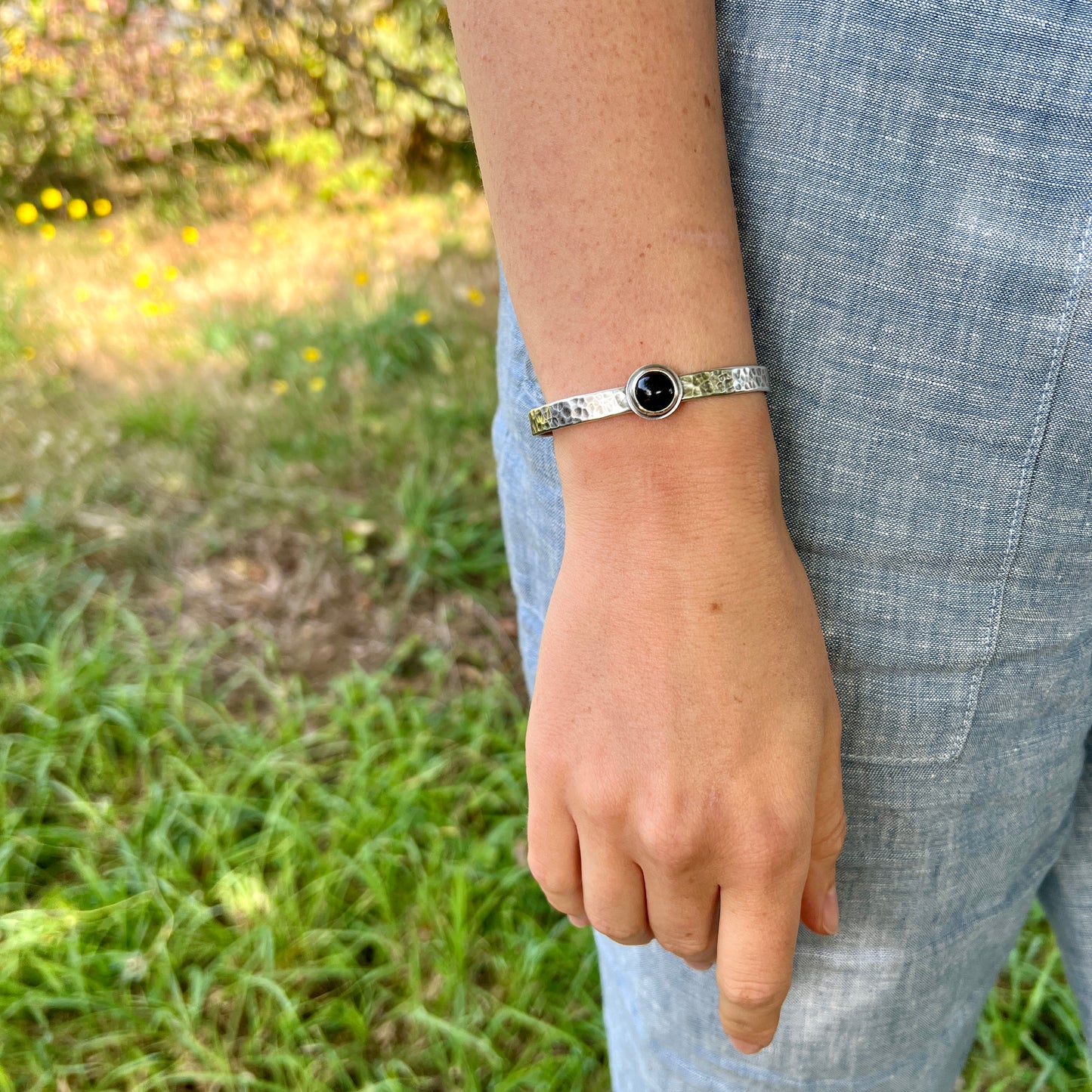 Hammered Silver Cuff with Stone