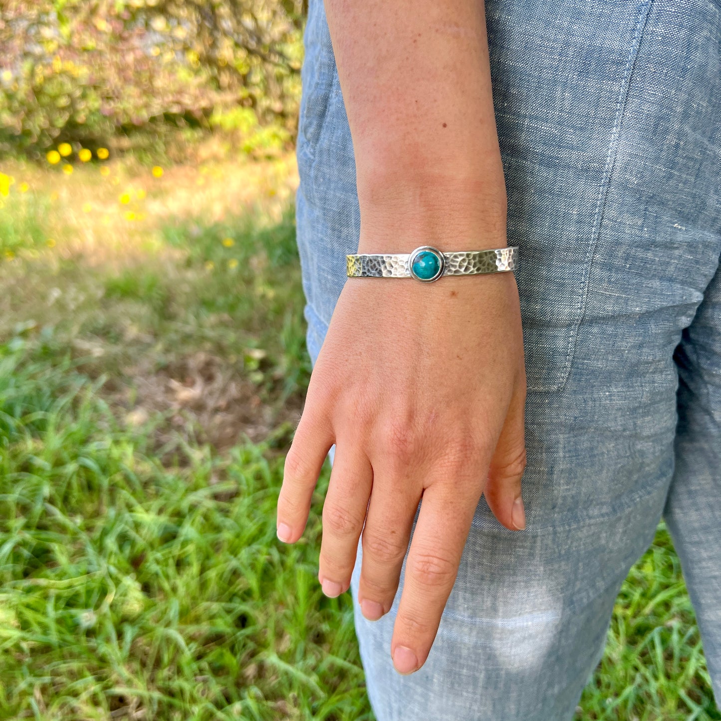Hammered Silver Cuff with Stone