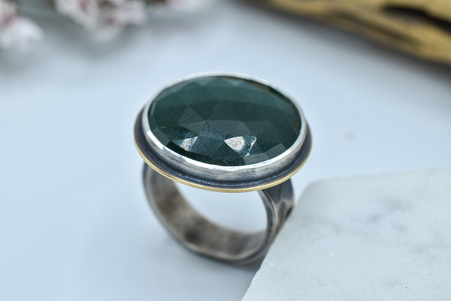 Rose Cut Aventurine Ring, Mixed Metals - Size 7