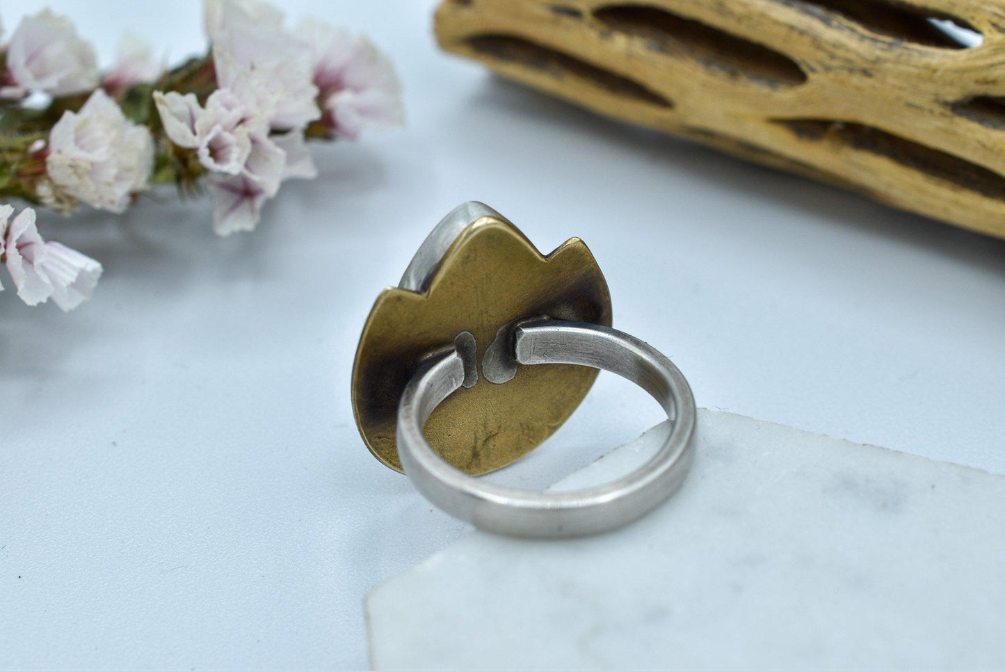 Stamped Aventurine Shield ring, Mixed Metals - Size 6