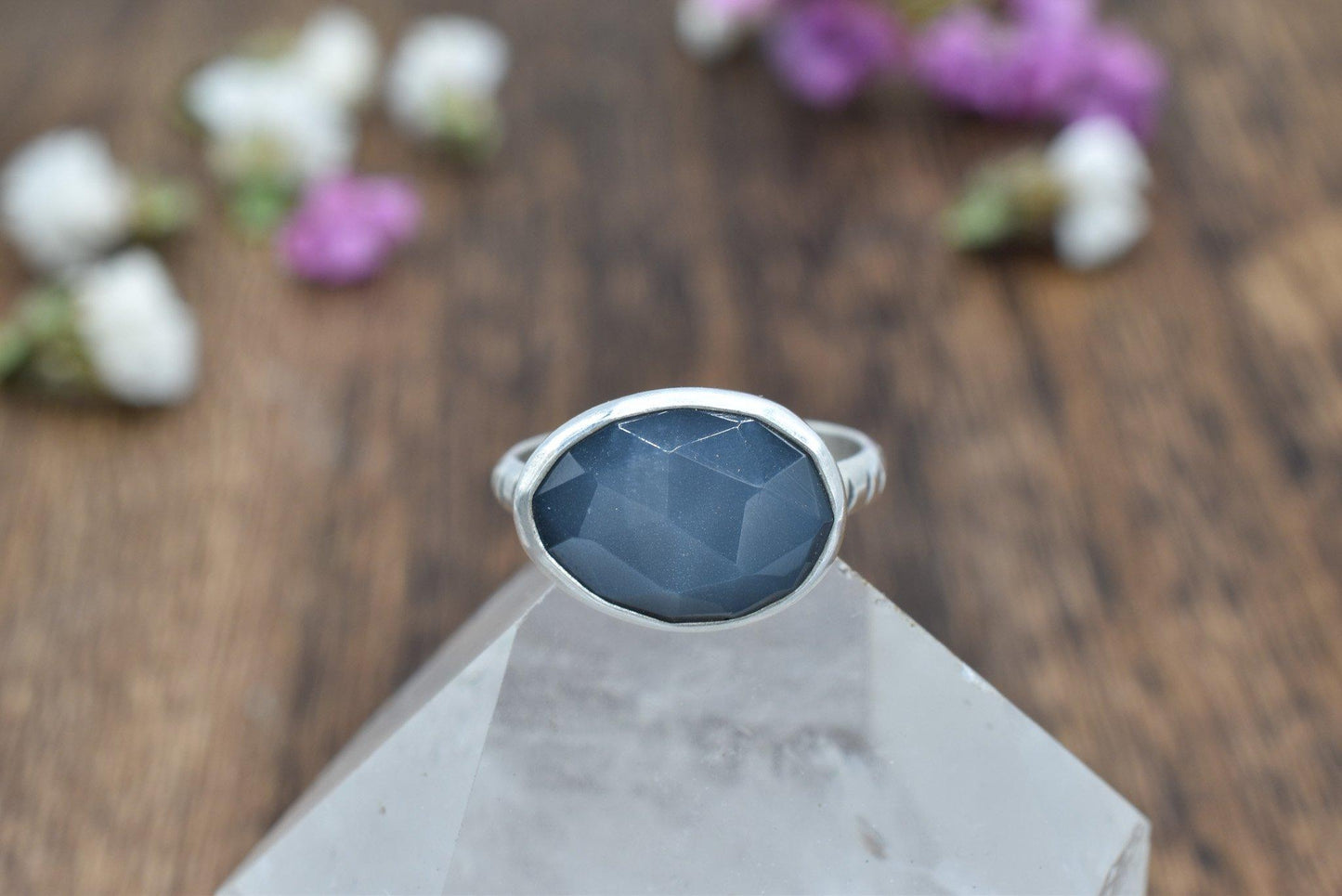 Rose Cut Gray Moonstone Ring, Size 8