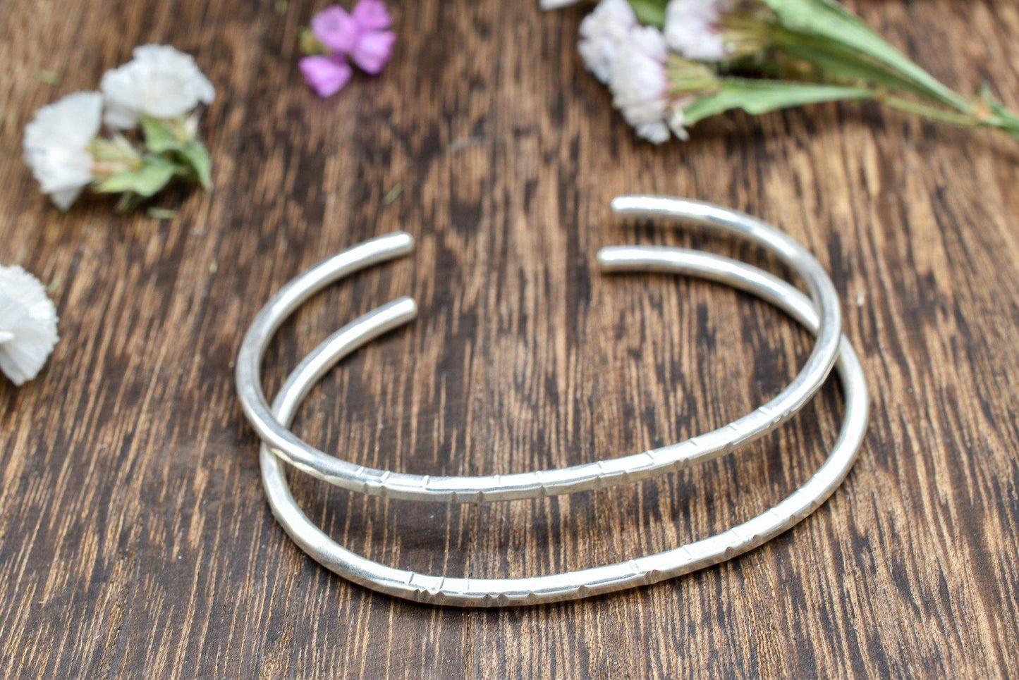 Hammered or Dashed Everyday Cuff Bracelets - Silver