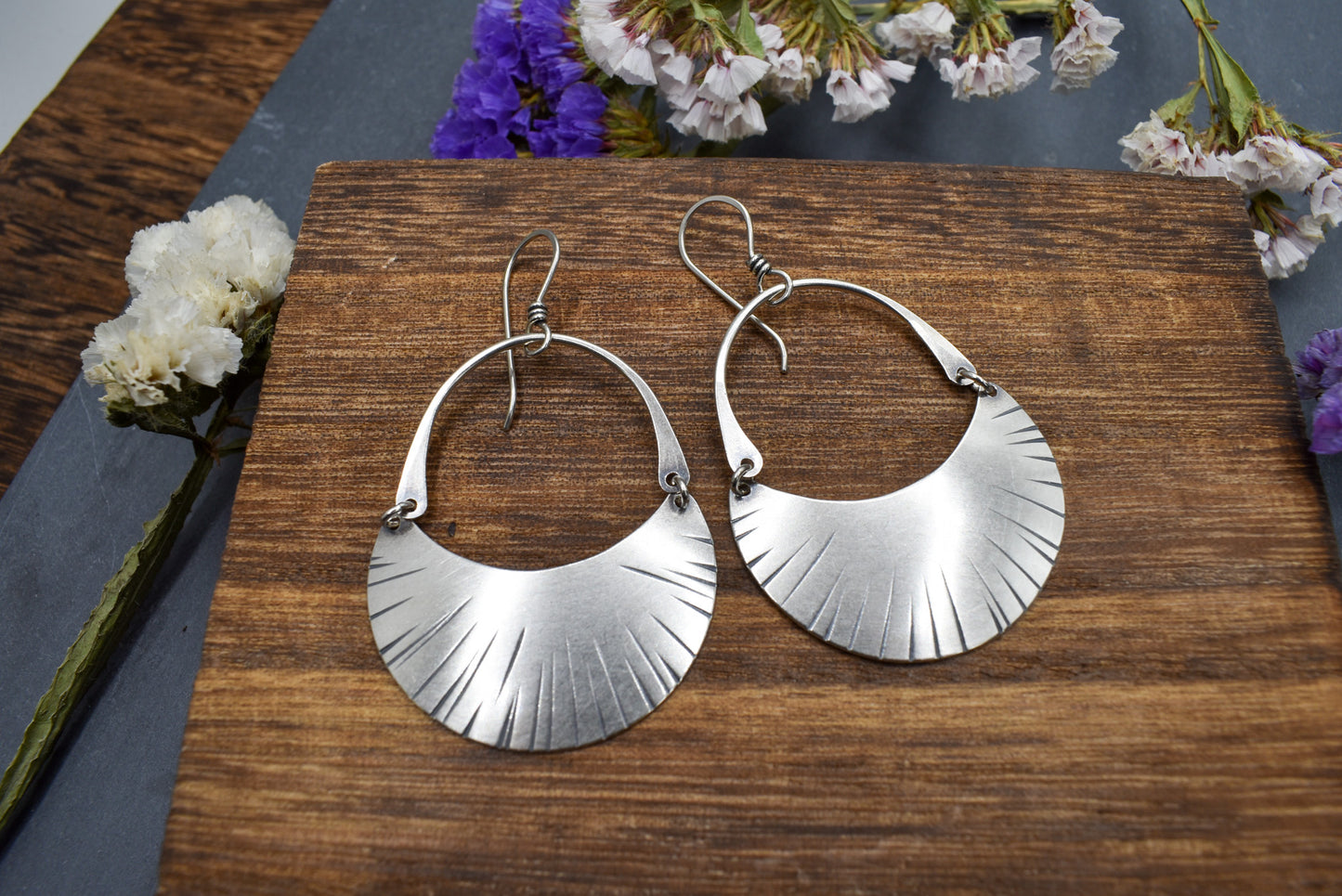 Dashed Crescent Moon Earrings, Silver