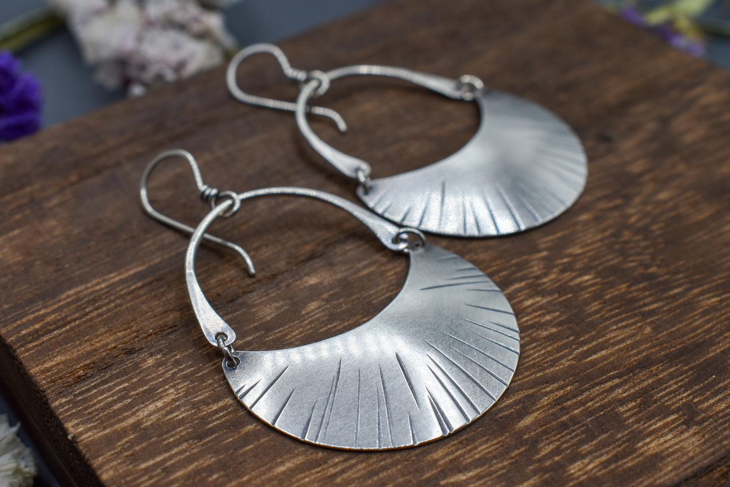 Dashed Crescent Moon Earrings, Silver