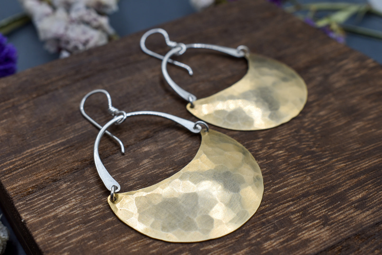 Hammered Crescent Moon Earrings - Brass
