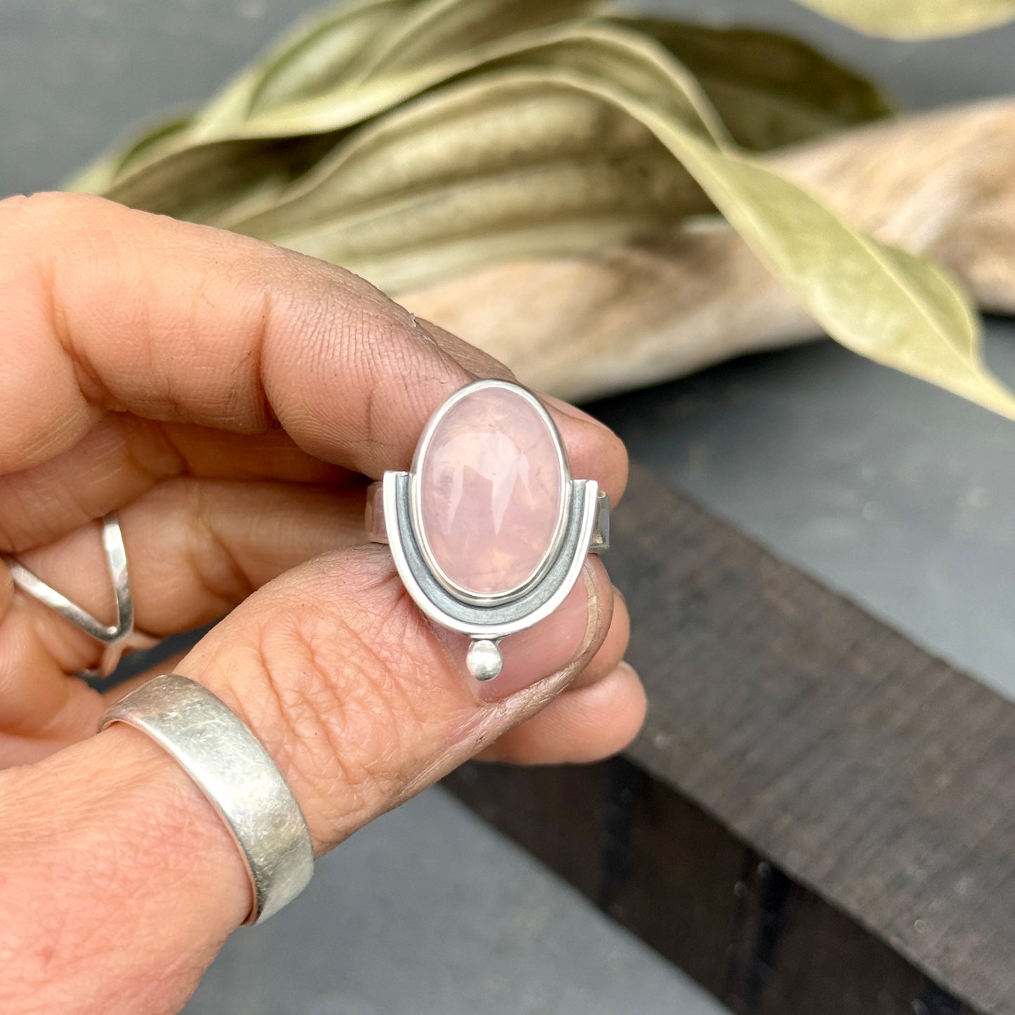 Rose Quartz, Half Shadow Box Ring - size 7.5