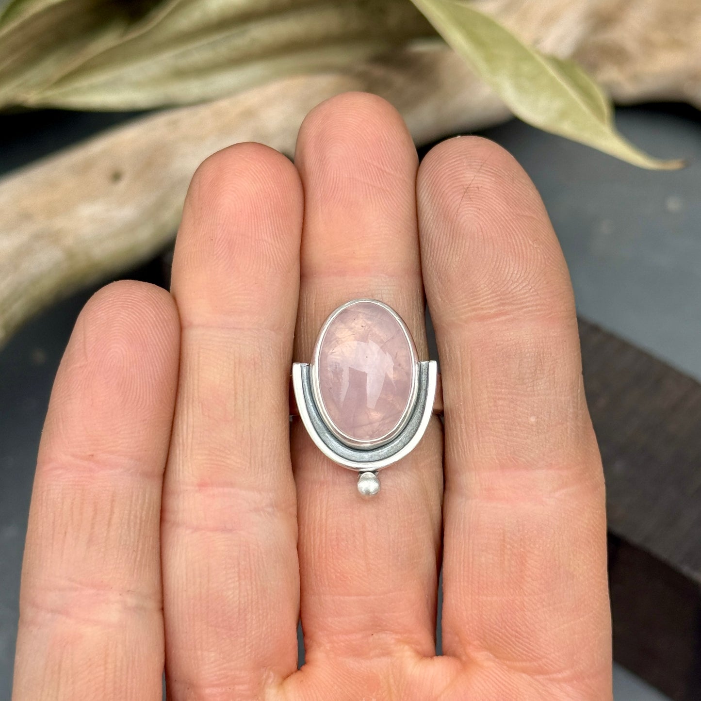 Rose Quartz, Half Shadow Box Ring - size 7.5