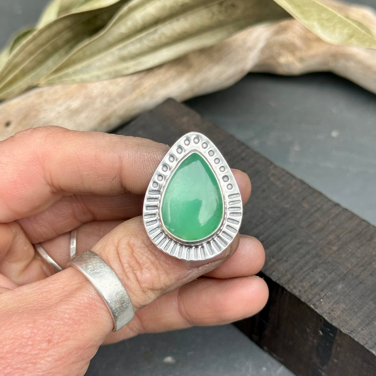 Chrysoprase Tear Drop Ring - size 9.75