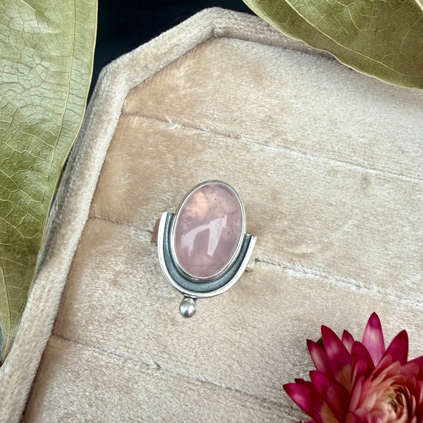 Rose Quartz, Half Shadow Box Ring - size 7.5