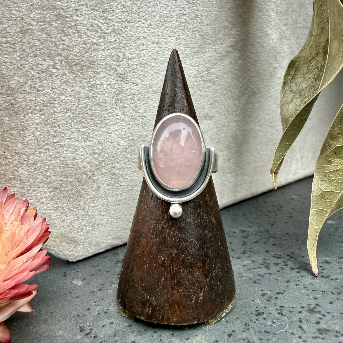Rose Quartz, Half Shadow Box Ring - size 7.5