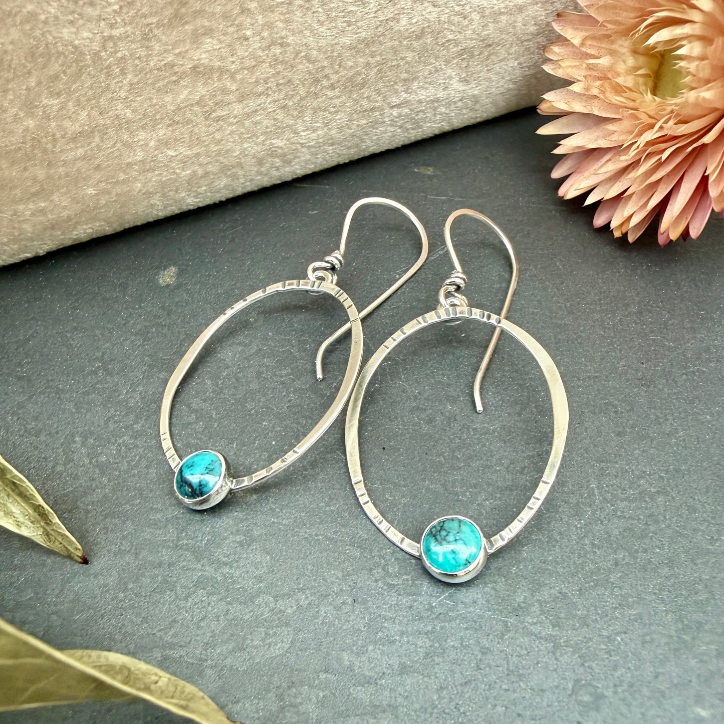 Oval Window Earrings, with turquoise - Variation 3