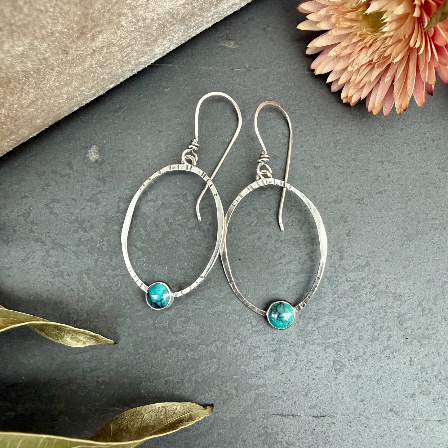 Oval Window Earrings, with turquoise - Variation 3