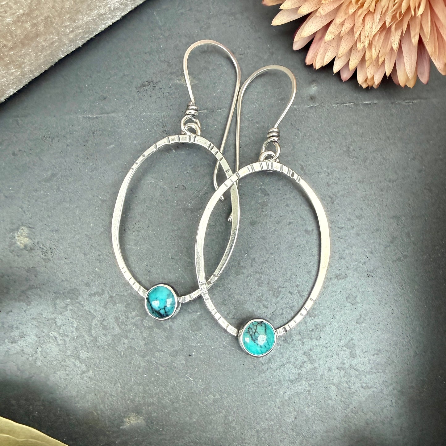 Oval Window Earrings, with turquoise - Variation 3