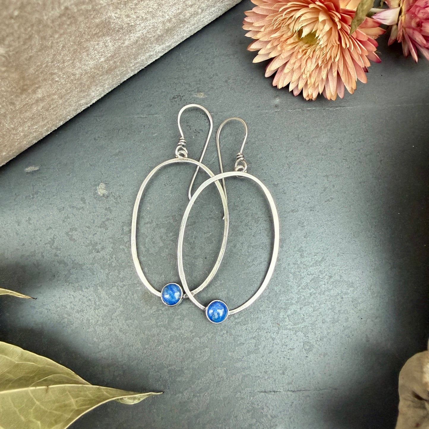 Oval Window Earrings, with denim lapis - Variation 7