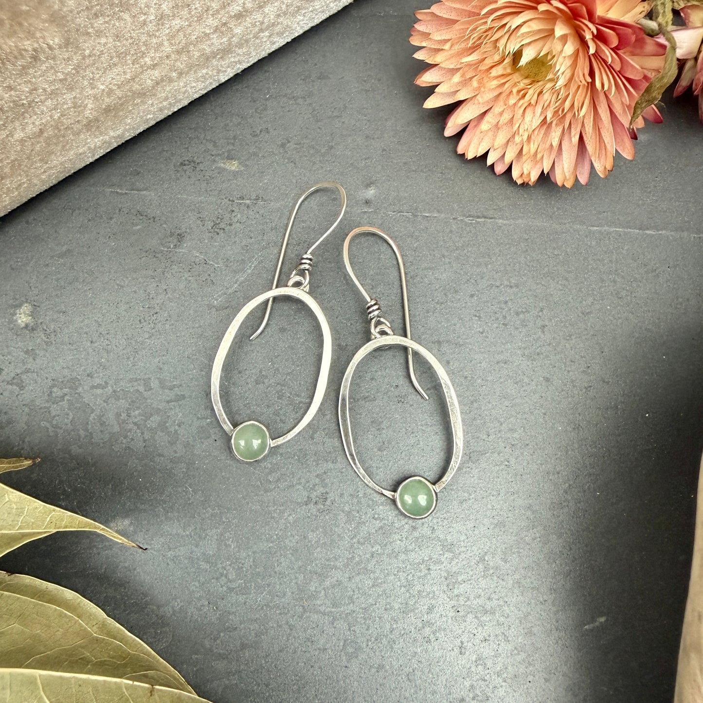 Oval Window Earrings, with aventurine - Variation 2