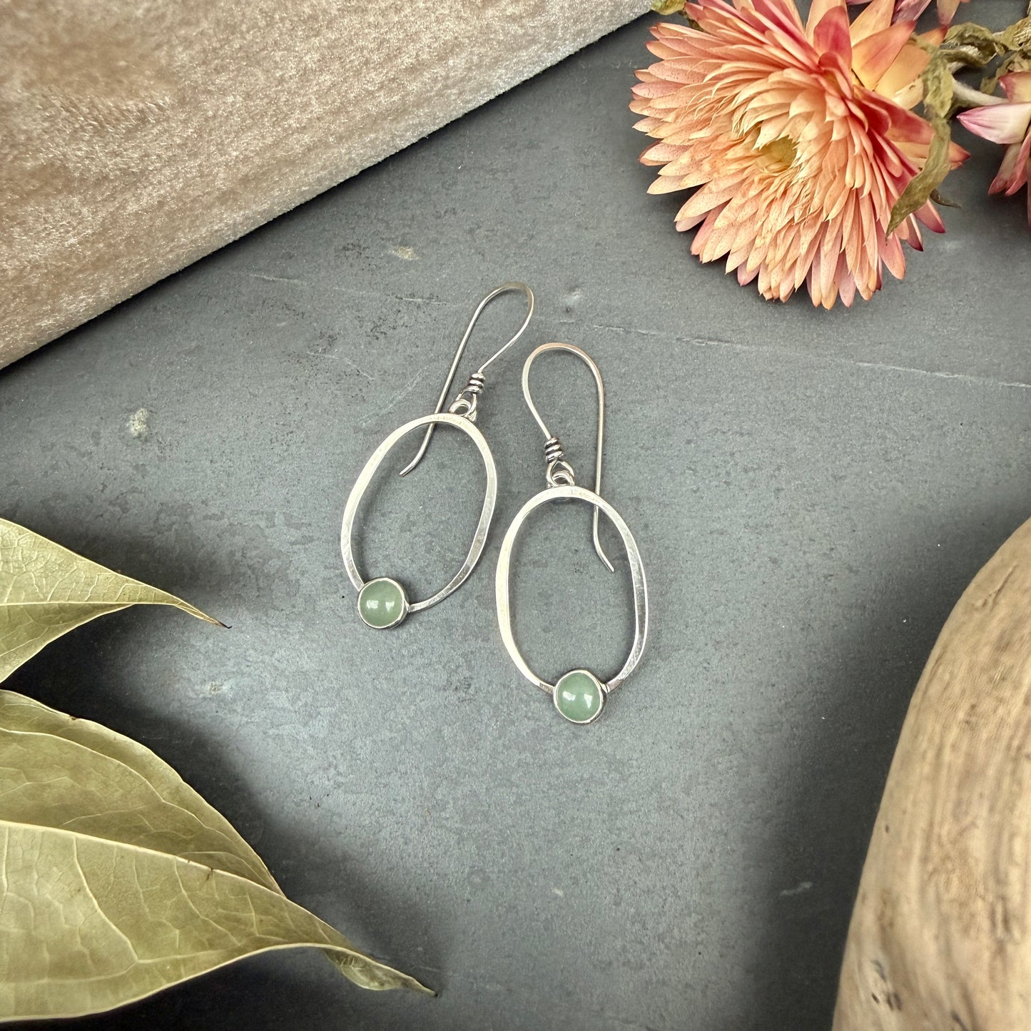 Oval Window Earrings, with aventurine - Variation 2