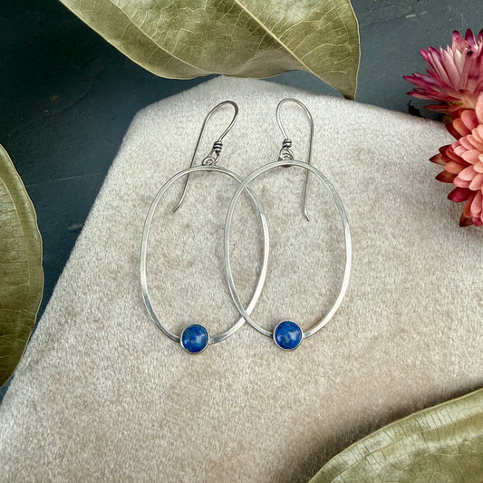 Oval Window Earrings, with denim lapis - Variation 7