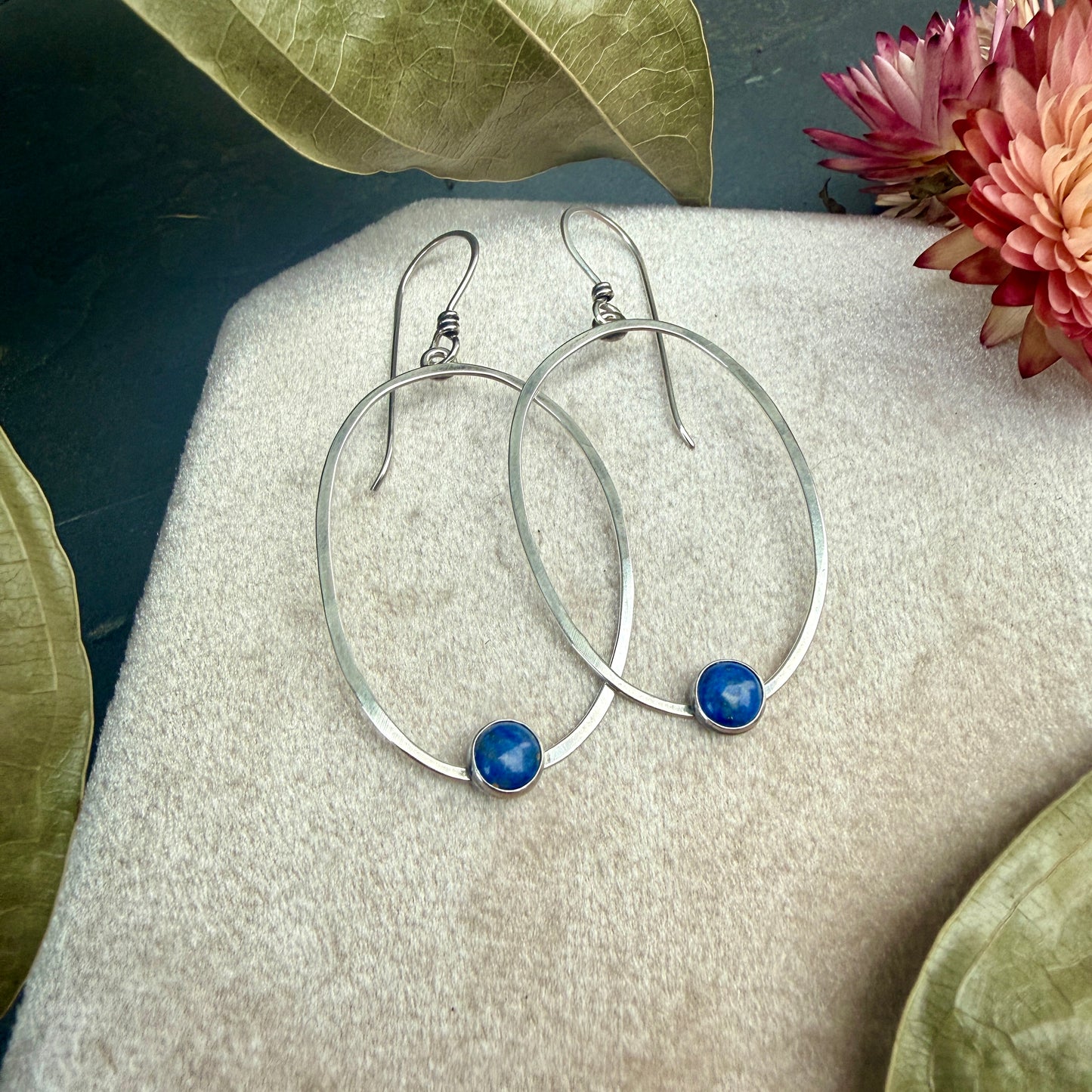 Oval Window Earrings, with denim lapis - Variation 7