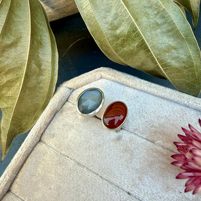 Gray Moonstone and Carnelian Double Stone Ring - Size 8