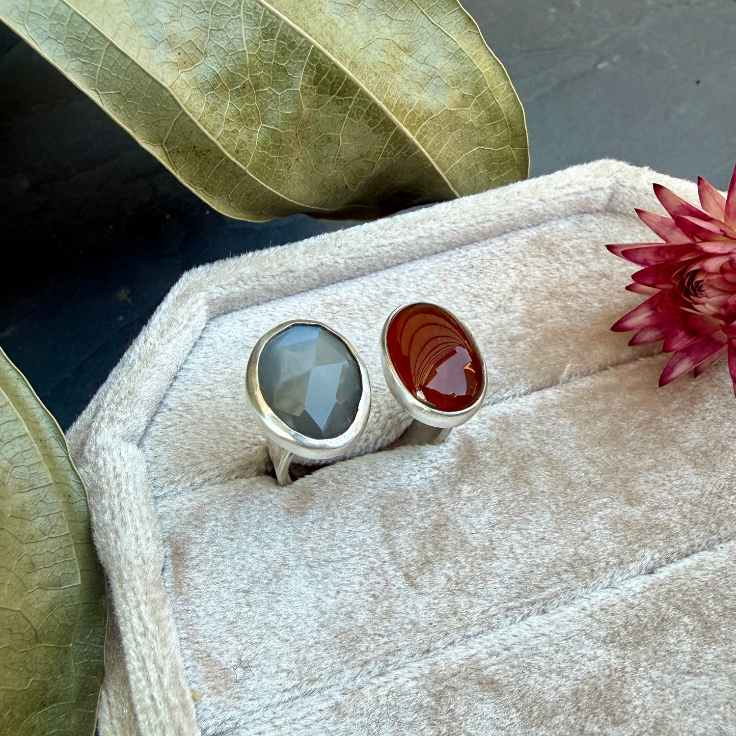 Gray Moonstone and Carnelian Double Stone Ring - Size 8