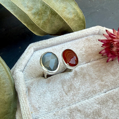 Gray Moonstone and Carnelian Double Stone Ring - Size 8