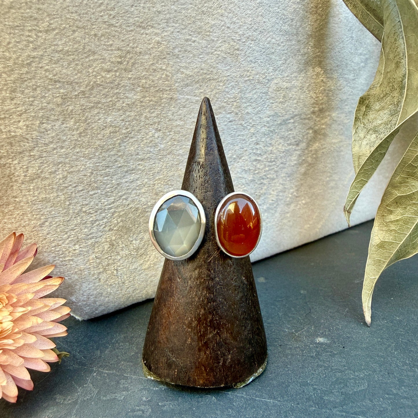 Gray Moonstone and Carnelian Double Stone Ring - Size 8
