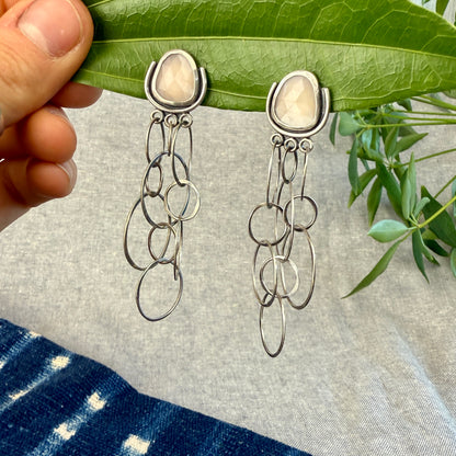 Rose Cut Peach Moonstone Earrings with Layered Chain